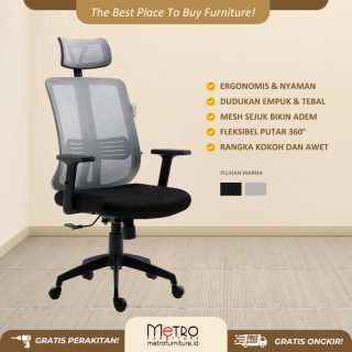 Metro Furniture Kursi Gaming Minimalis & Kantor Archiles Dallas Putar 360° Sandaran Mesh Tebal 7 cm